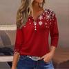 Women's Fashion Casual Christmas Tree Print V-Neck Decorative Button Three-Quarter Sleeve T-Shirt Top