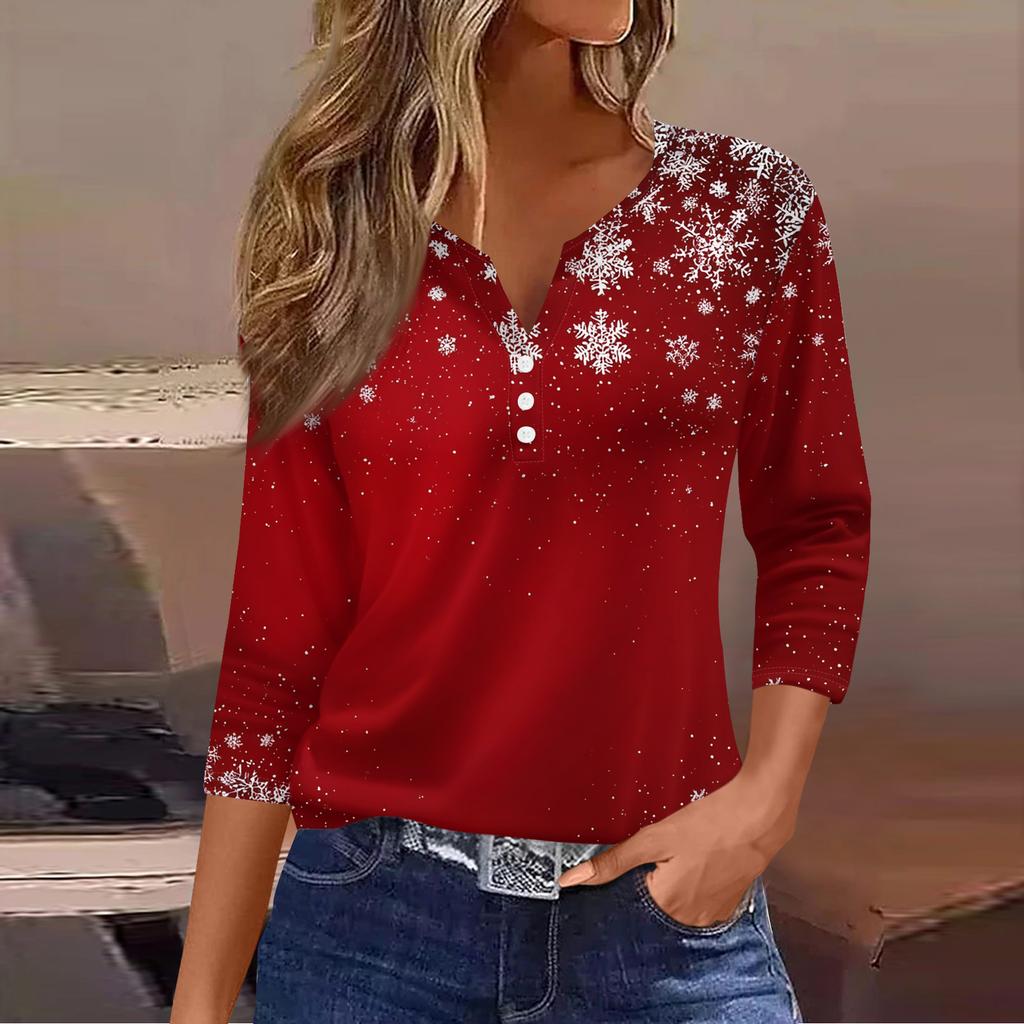 Women's Fashion Casual Christmas Tree Print V-Neck Decorative Button Three-Quarter Sleeve T-Shirt Top