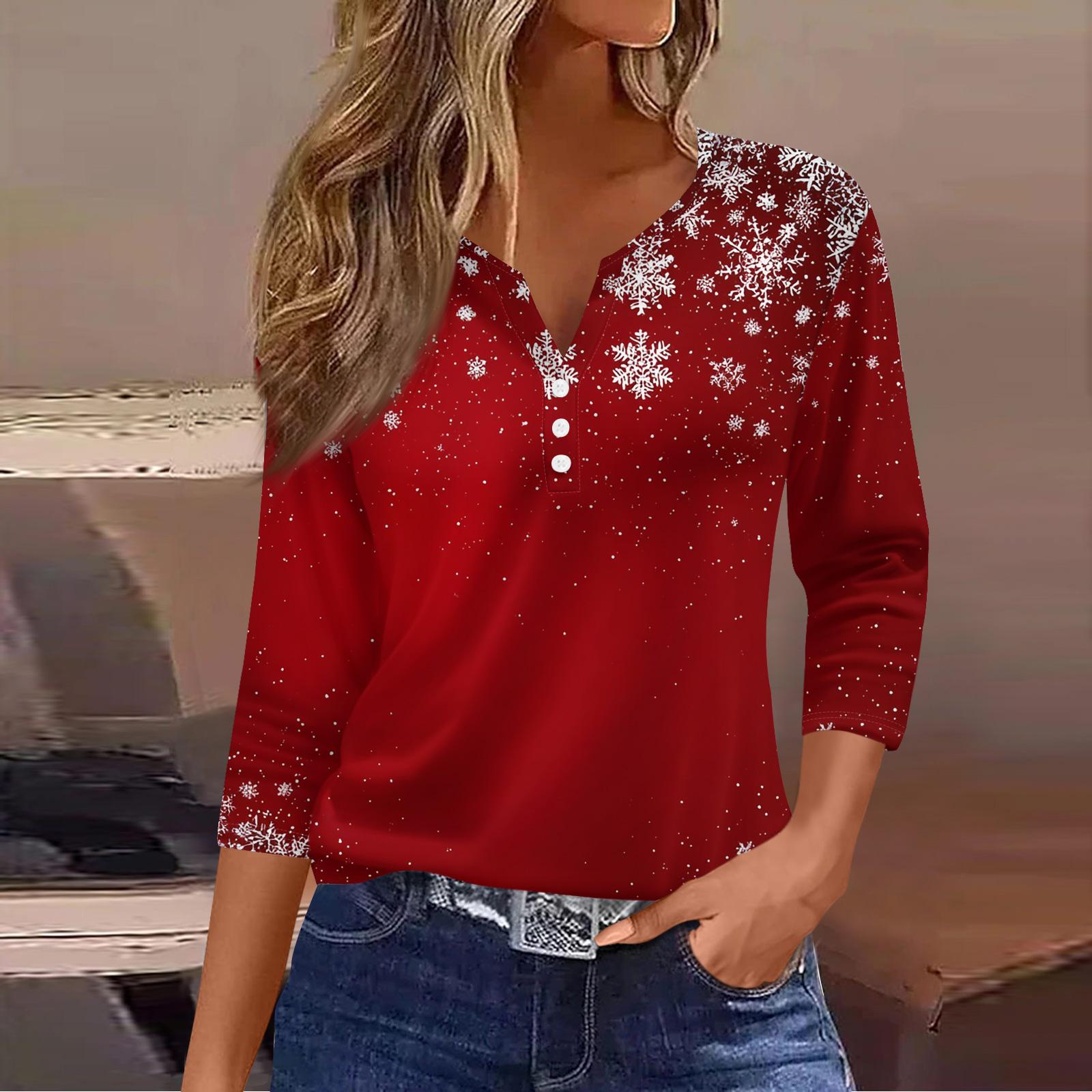 

Женская модная повседневная футболка с принтом рождественской елки, V-образным вырезом, декоративными пуговицами и рукавом три четверти S