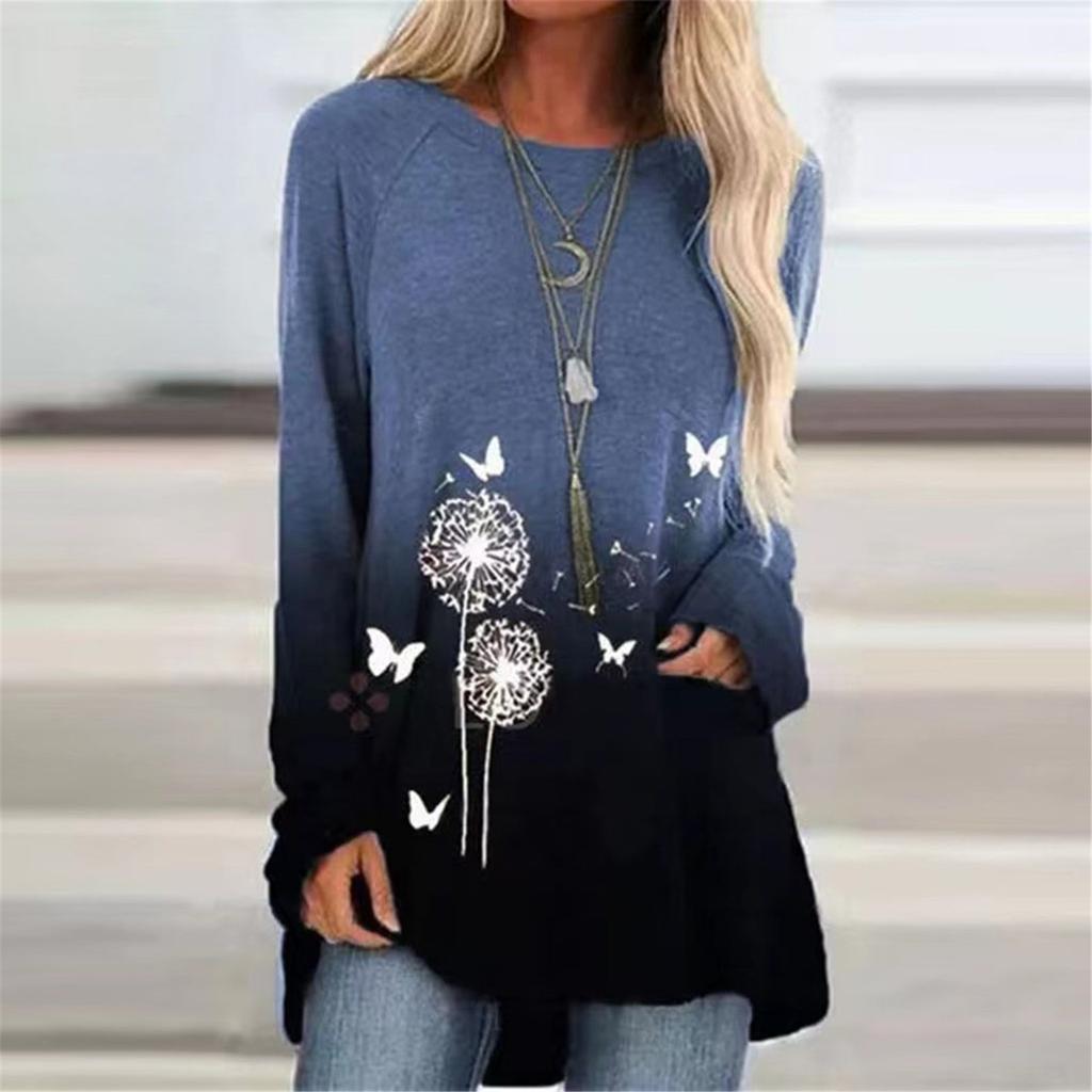 Fashion Women's  Printed Long Sleeve Round-Neck T-Shirt Long Style Tops