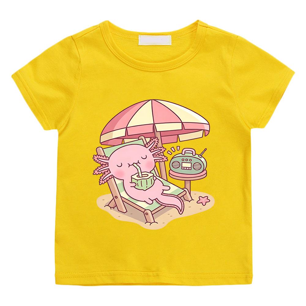 Cute Axolotl Children's T-shirts 100%cotton Drinking Coconut Water on The Beach  Funny Print Short Sleeve Boys Girls Tees Anime T-shirt Summer clothes