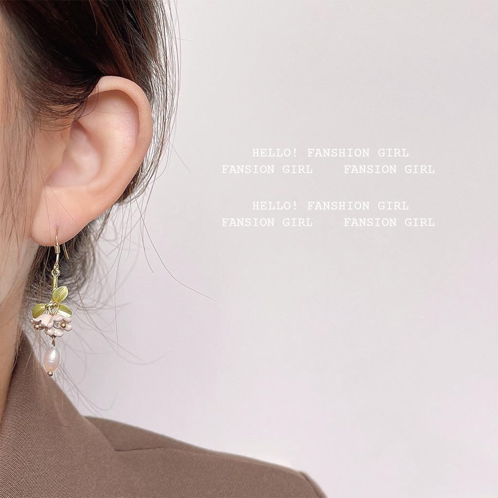 Lily of the Valley Silver-Plated Earrings with Green Tassel and Freshwater Pearl