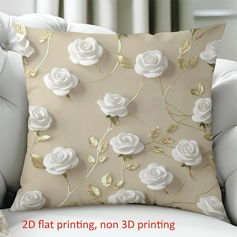 1 Pieces Beige Pillow With White Roses And Gold Leaves Polyester Pillowcase, Sofa Decorative Cushion Cov Headboard Pillow