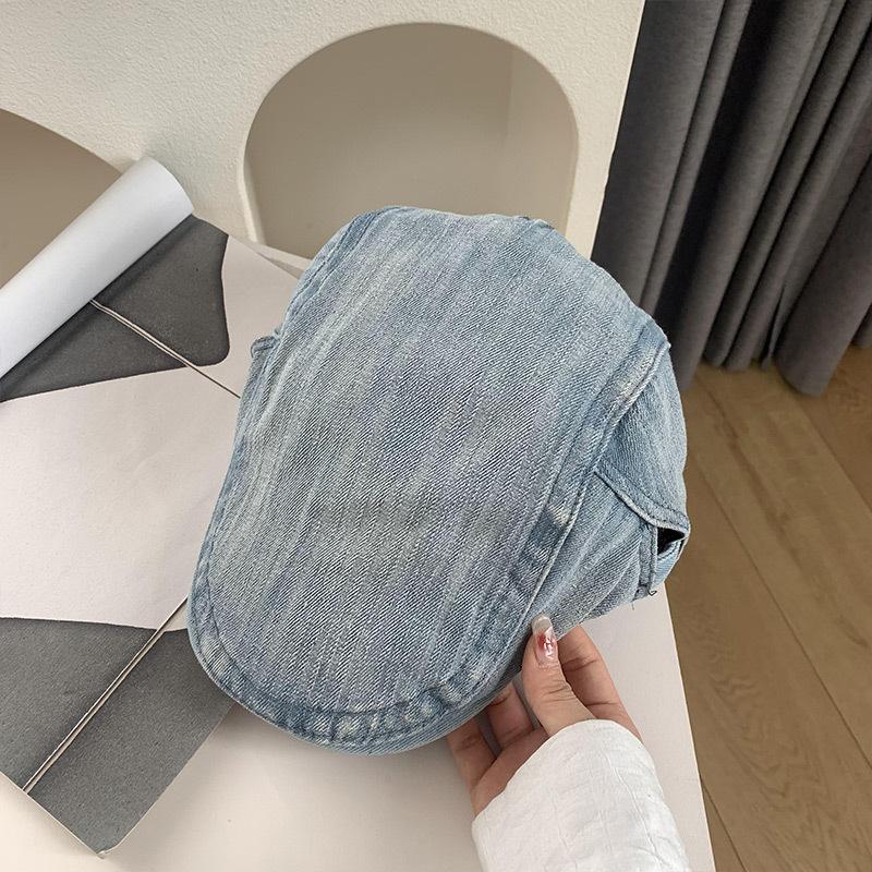 Spring and Autumn Retro Washed Denim Forward Hat Big Head Circumference Showing Face Small Beret Versatile Newsboy Hat Women's