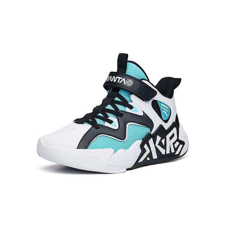 Anta Cement Nemesis Velcro Thick Sole Anti-Kick Shock Absorption Mid-Top Basketball Shoes Kids sneaker White Black Green A312131153A-5