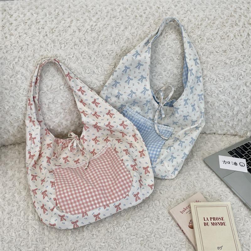 5 Floral Plaid Tether Bow Shoulder Bag Spring and Summer Leisure Travel Large Capacity Tote Bag