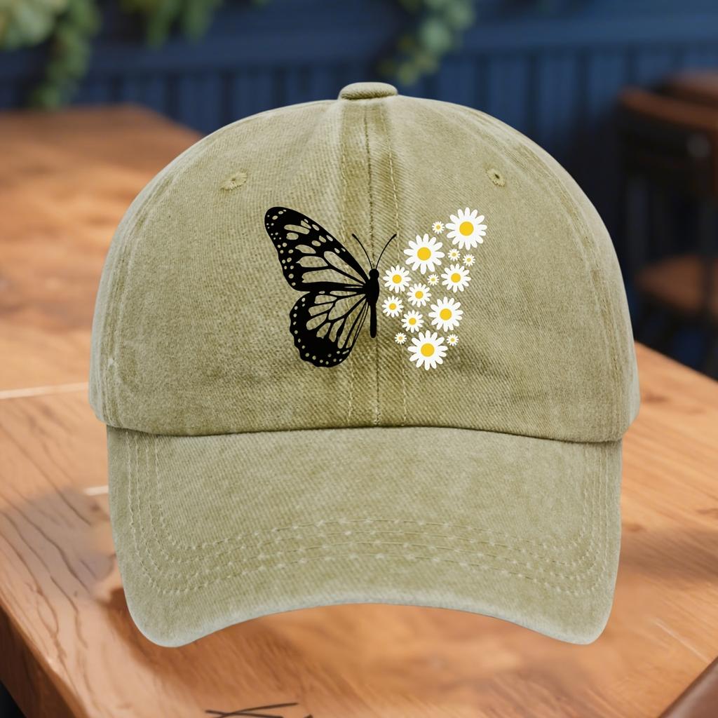 Ladies' adjustable baseball cap with butterfly and daisy floral print, soft, breathable, fashionable and casual headwear to wear