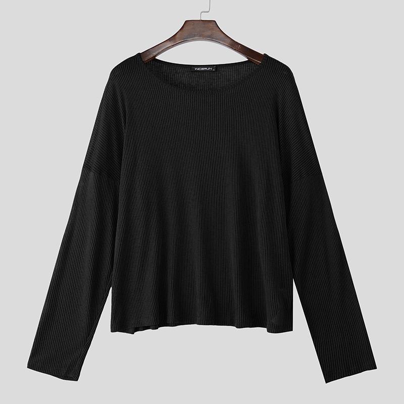 INCERUN Men Scoop Neck Long Sleeve Texture Flimsy Rib Casual Loose T-shirts Tops Undershirts