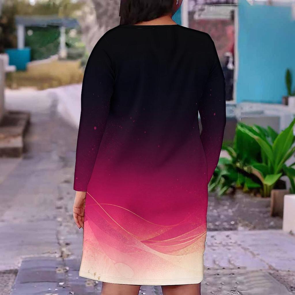 Damen Übergröße V-Ausschnitt Langarm Bedrucktes Figurbetontes Midi-Kleid Schwarz Rosa Farbverlauf