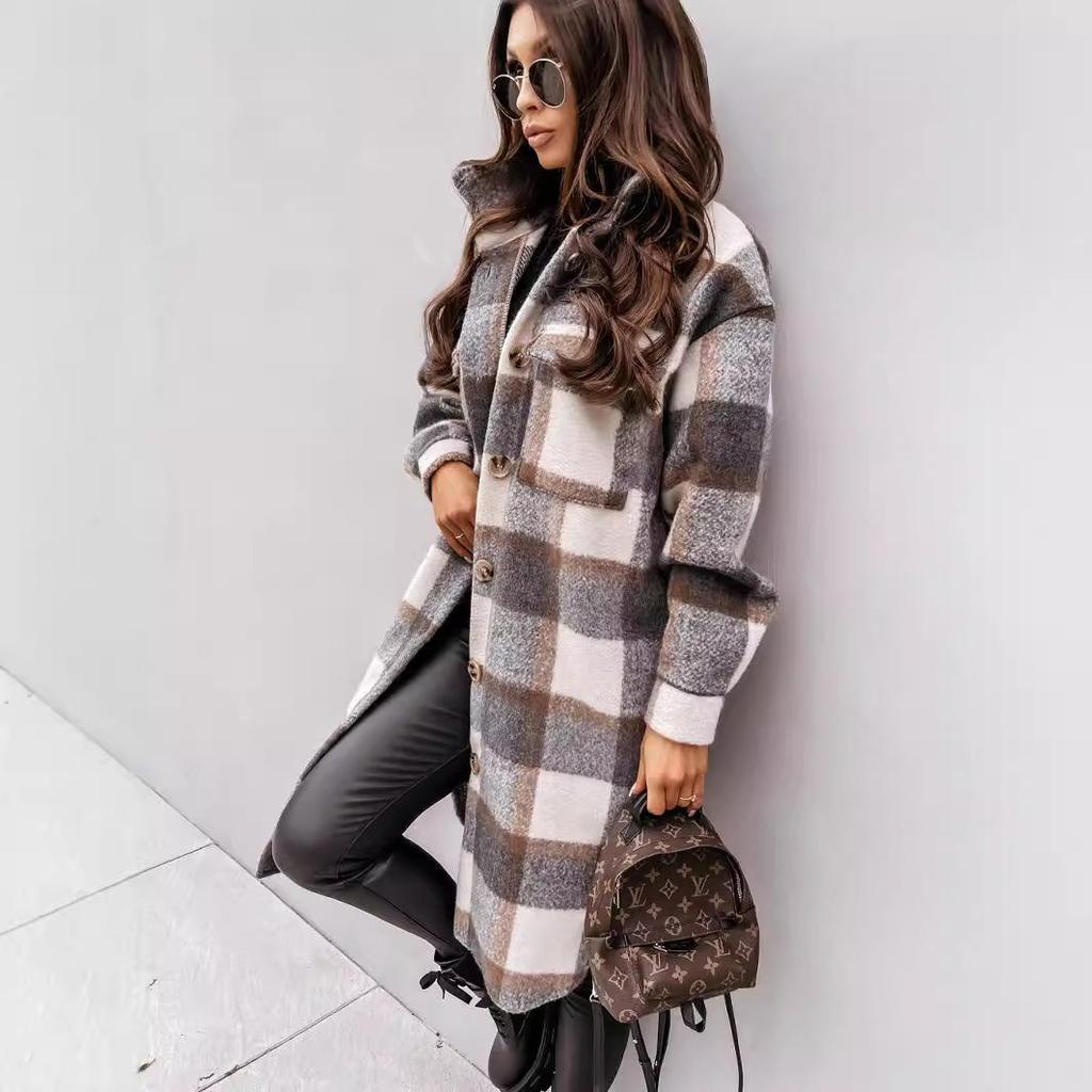 Sobrecamisa de Cuadros de Manga Larga para Mujer - Otoño/Invierno 2023 Top de Longitud Media