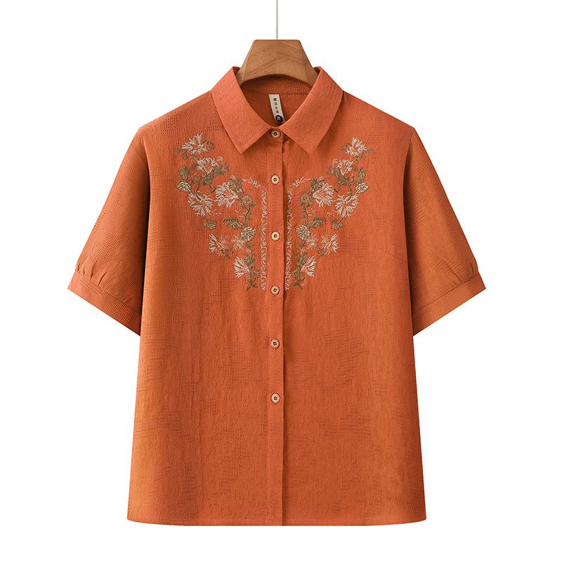 

Summer Embroidered Two-Piece Set: Short Sleeve Shirt + Trousers for Middle-Aged and Elderly Women XL [90-105 jin]