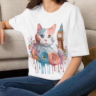 Big Ben Cat T-Shirt | London Cat Tee, Floral Animal Tee Shirt Gift for Her Mom Grandma Family Friend Sister Crew Team Party Aunt