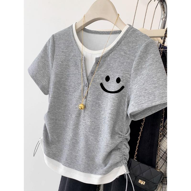Women's Summer Design Niche Fake Two Slim Drawstring Short Sleeved Tops