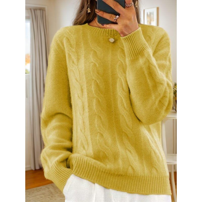 

Foreign Trade Women s Clothing 2025 Fall and Winter New Arrival Casual round Neck Pure Color Knitwear Tops Retro Cable-Knit Pullover Sweater Women Goose yellow S