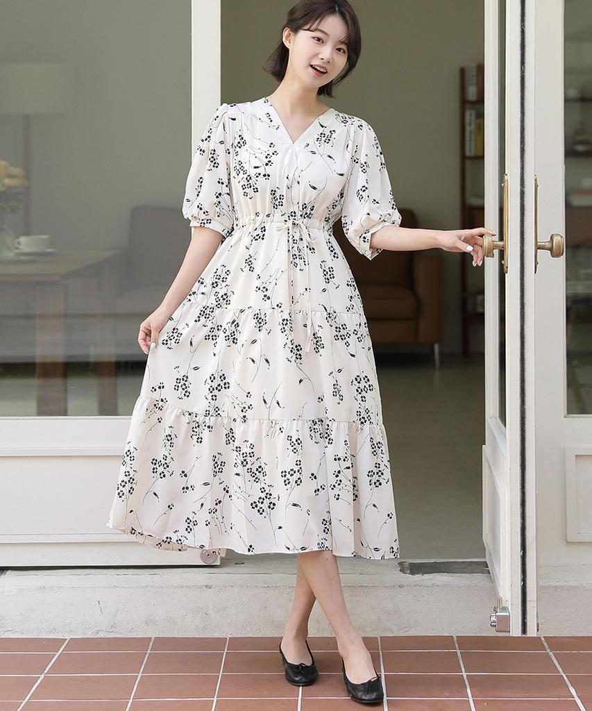 Ppaeppae V-Neck Strap-Banding Tiered Long Dress