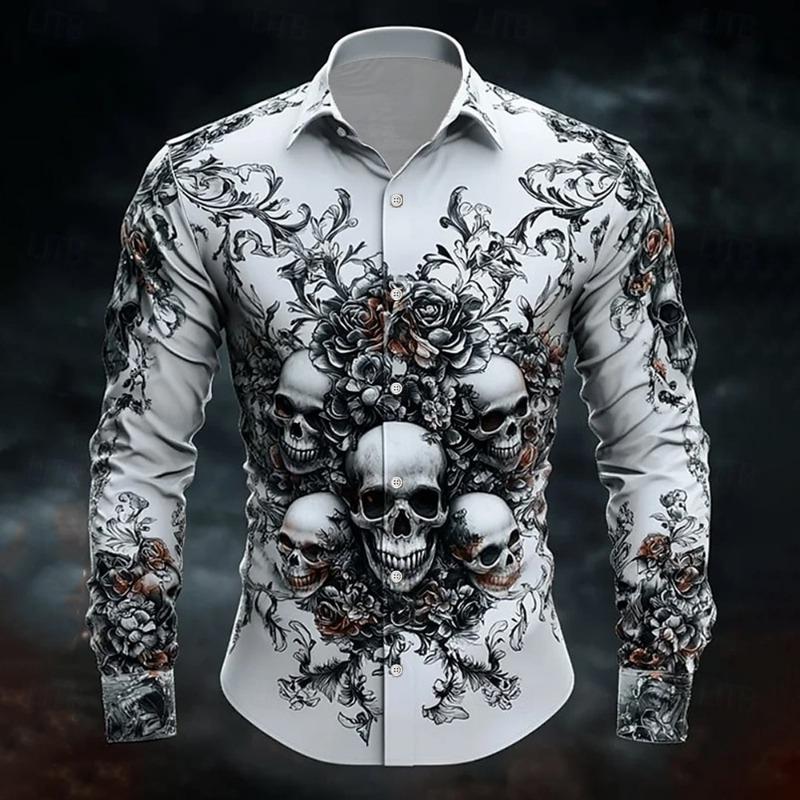 Halloween Thema Mannen Halloween Kostuums Schedels Shirt Knoopsluiting Shirt Casual Overhemd Lange Mouw Donkere Gotische Stijl Tops