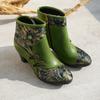 Johnature Retro Genuine Leather Patchwork Jacquard Fabric High-heeled Women's Short Boots