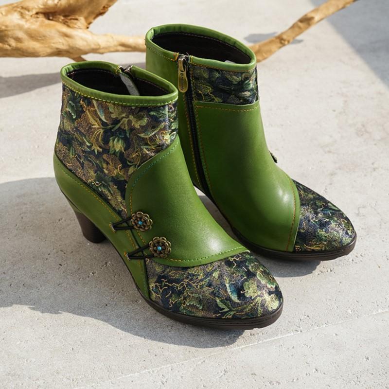 Johnature Retro Genuine Leather Patchwork Jacquard Fabric High-heeled Women's Short Boots
