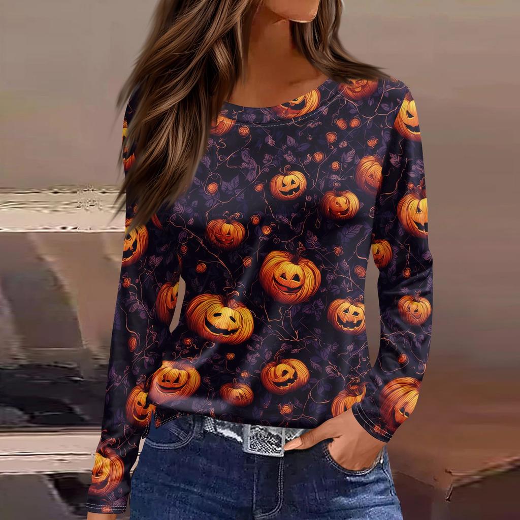 Haut d'Halloween pour femme à manches longues, col rond et fente à l'ourlet