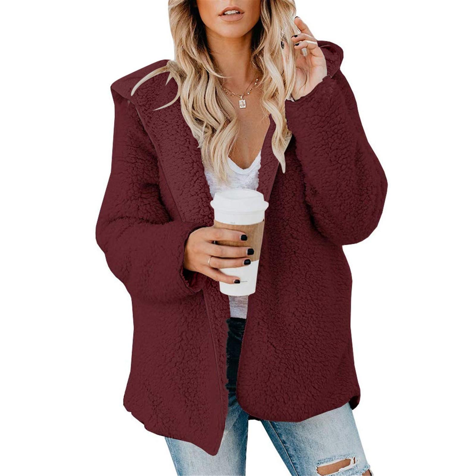 

Womens Plush Jacket Oversized Fleece Jacket Coat With Pockets Open Front Hooded Fuzzy Cardigan S винний