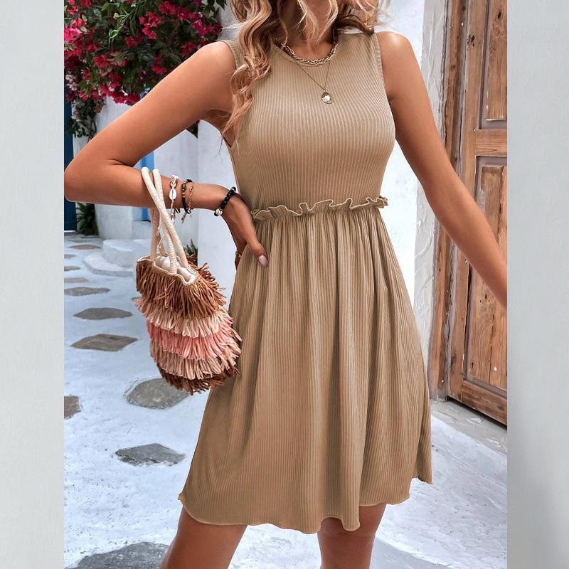 Yaz O-yaka Örgü A-kesim mini Kadın Elbisesi düz fırfırlı Sokak Giyim Bodycon Elbise dar Kolsuz Yüksek Bel tank Elbiseler