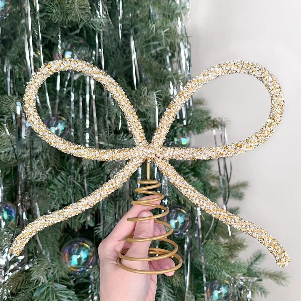 Rhinestone Bow Christmas Tree Topper Metal Gold/Silver Xmas Tree Ornament Decorative Props Extra Large Christmas Decoration