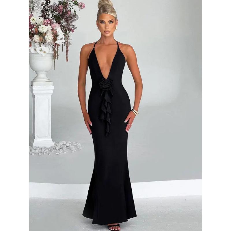 

Весна-лето с открытой спиной и молнией Сексуальное облегающее макси-платье с оборками без рукавов Длинное платье для курортного клуба L