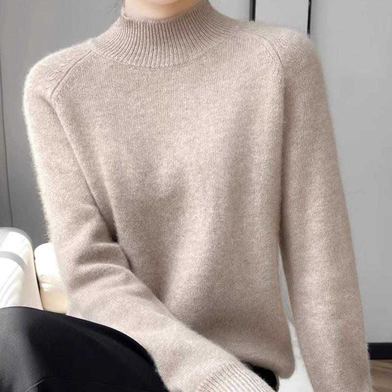 Women's Round Neck Double-Ply Pure Wool Sweater - Thickened Plus Size Solid Color Cashmere Knit Pullover