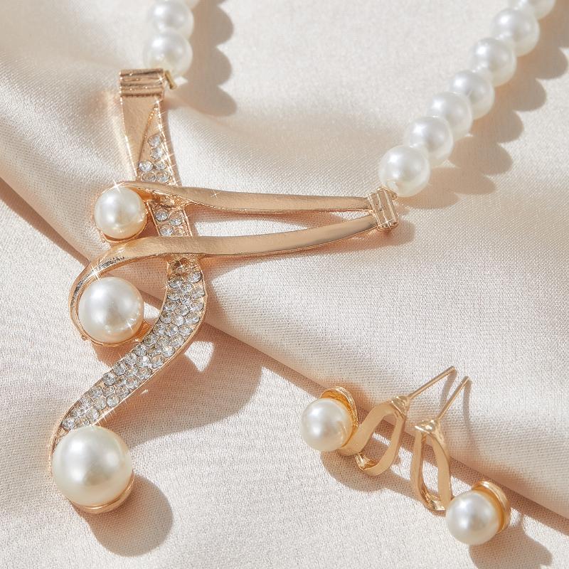 Fashion Geometric Pearl Earring Two Piece Necklace for Women Exquisite Birthday Party Zircon Gifts