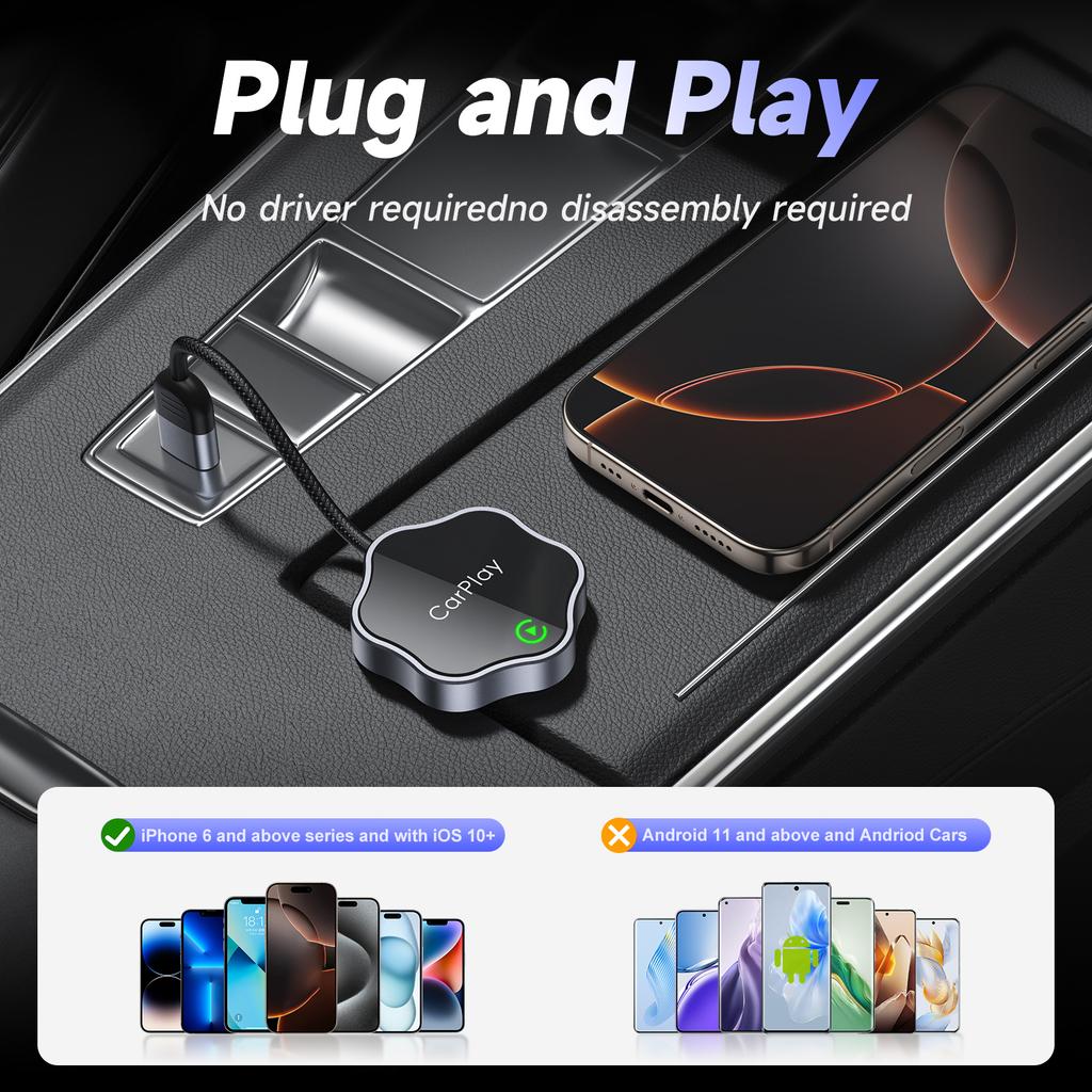 2 in 1 Wireless CarPlay Android Auto Adapter For iP/Android Phones Upgrade Wired to Wireless For Built-In CarPlay/Android Auto Cars