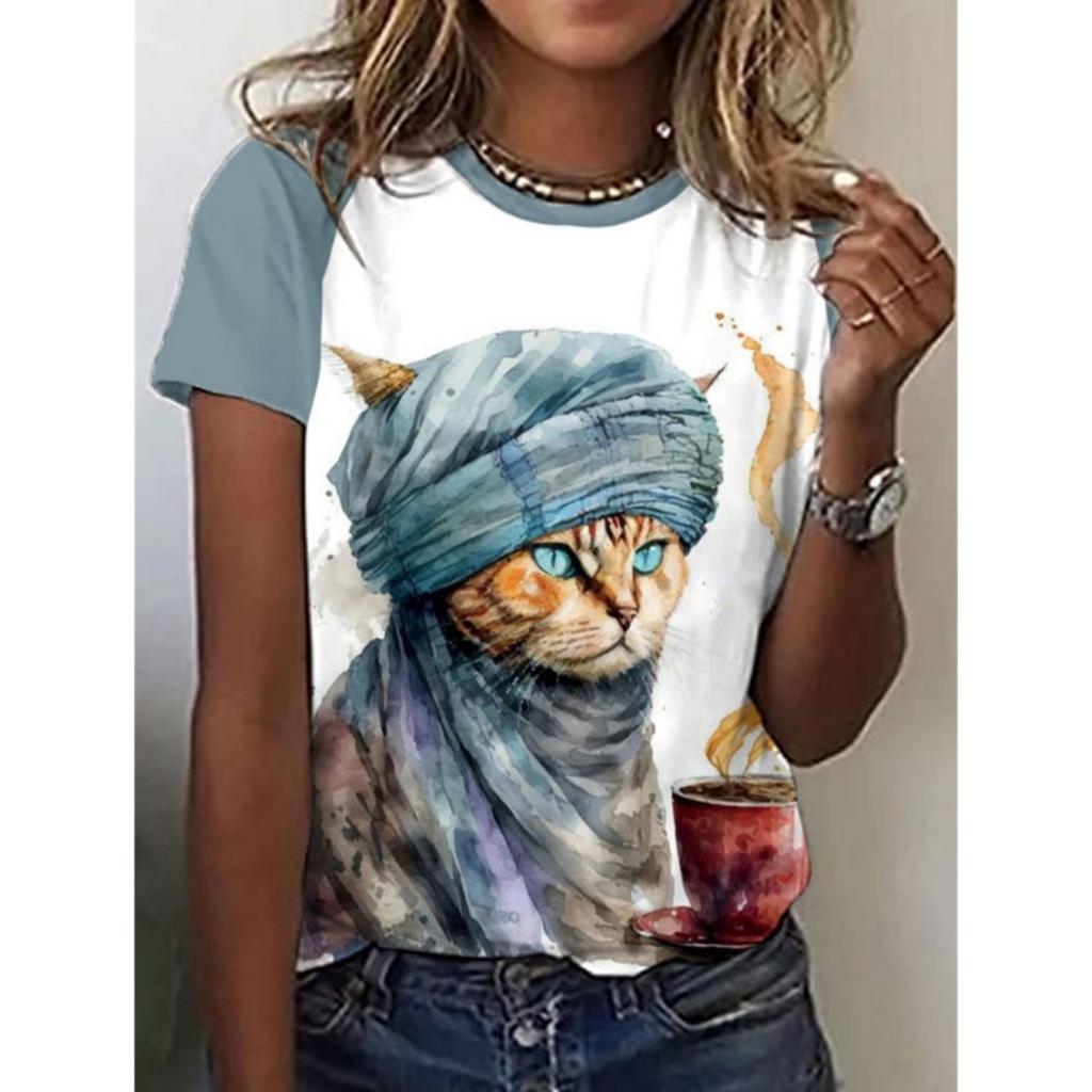 Women's TShirt Cat Print Design Harajuku Casual Short Sleeved Top Fashionable Trend Clothing