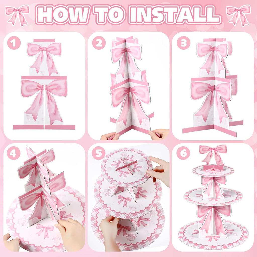 3 Tier Pink Bow Cake Stand Coquette Bow Party Birthday Cake Stand Decorations Pink Dessert Tower for Wedding Garden Birthday Party Supplies