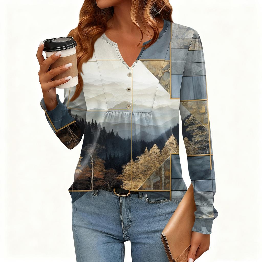 Women's Relaxed,Fit V,Neck Vintage Color,Blocked Floral Print Long,Sleeve Pullover Tee