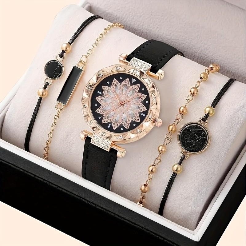 

No gift box New style lucky turn flower plate hot selling quartz ladies watch pearl chain bracelet 5 pieces set чёрный