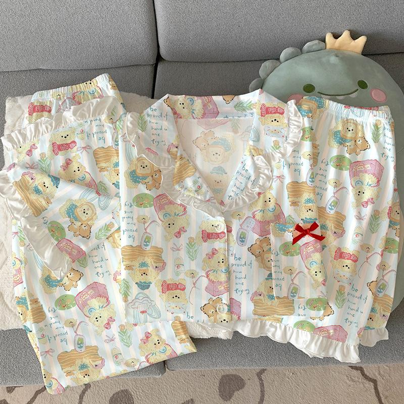 Welpen-süßer Imitations-Baumwoll-Spitzenpyjama für Damen Sommerwind-Loungewear Kurzarm kann draußen getragen werden dreiteiliges Set