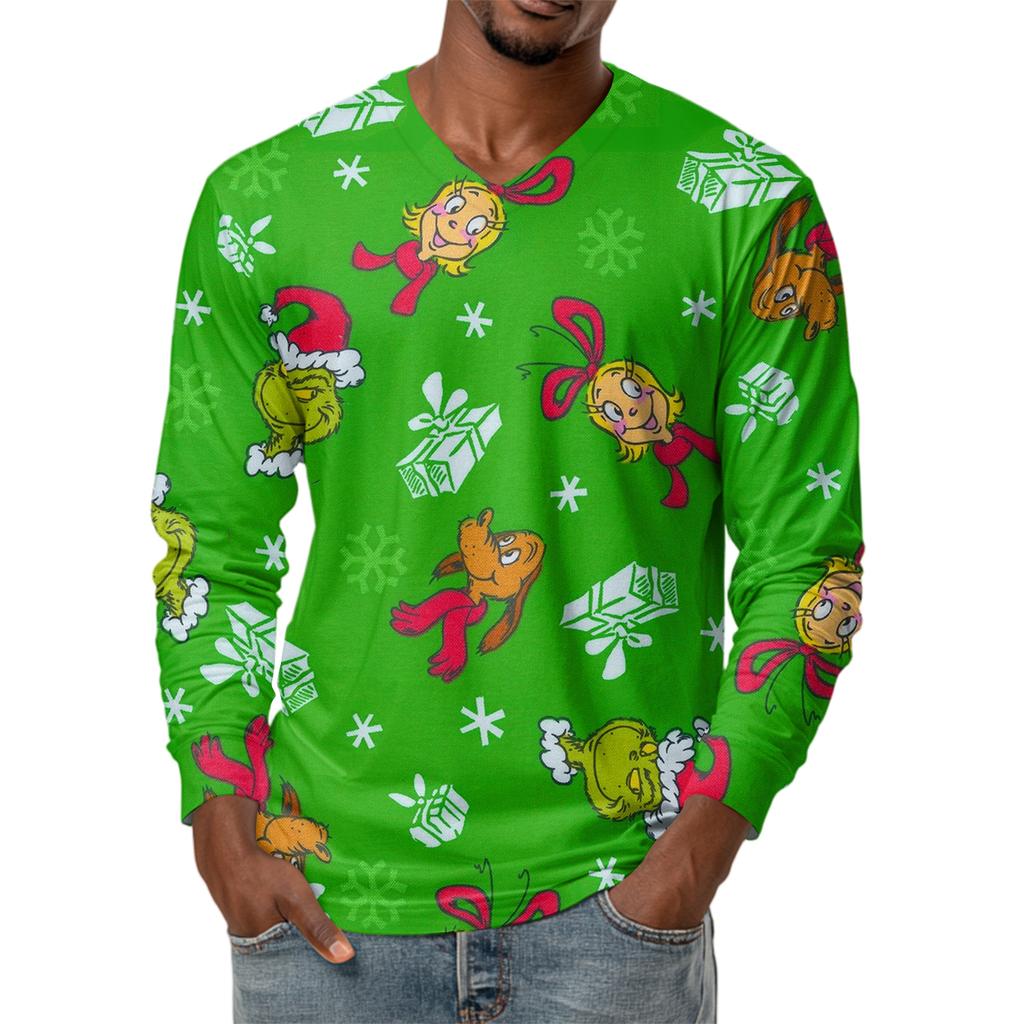 Мужская модная футболка с принтом, V-образным вырезом, повседневная, с длинным рукавом, для ношения под низ, топ