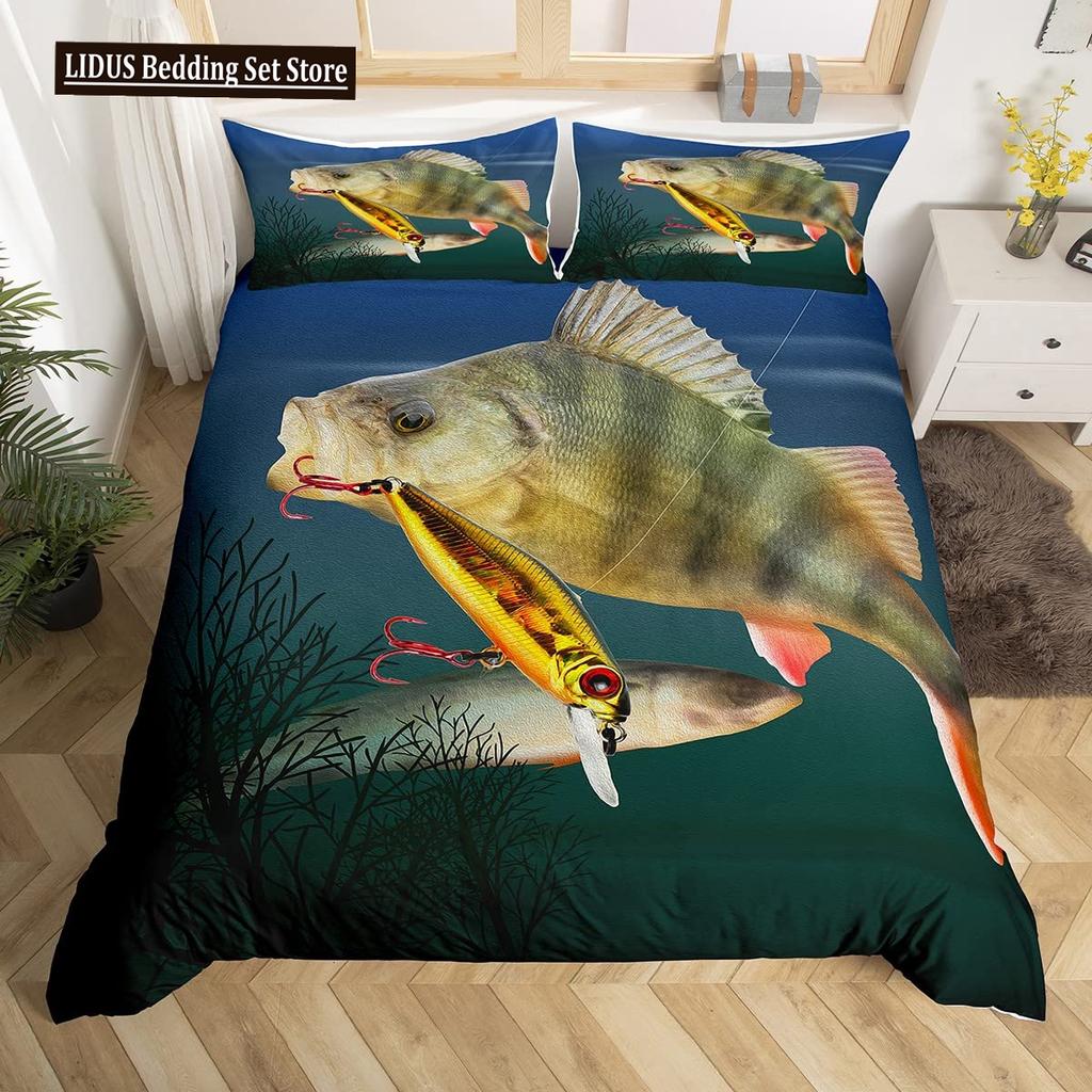 Pike Fish Bedding Striped Bass Big Pattern Hunting And Fishing Themed Duvet Cover For Kids Boys BedRoom Decorations For Teens