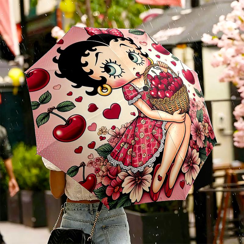 1pc Sturdy 8-Bone Auto Umbrella, Betty Boop Umbrella, Digital Printed, Foldable Umbrella for On-the-Go Outdoor Use