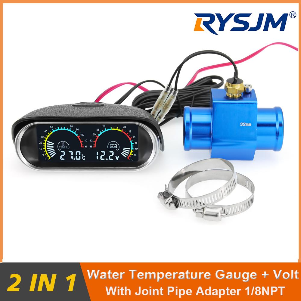 2 in 1 Universal Auto LCD Water Temperature Voltmeter Gauge 12V 24V With Head Plug Joint Pipe Sensor 10mm Hose Adapter 26MM-40MM