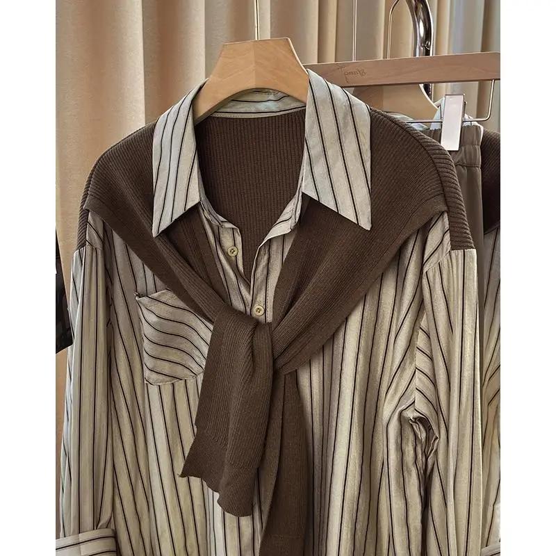 Spring Autumn Fake Two-piece Women's Shirt Brown Kintted Shawl Back Vertical Stripe Shirt Blouse French Style Women's Shirt
