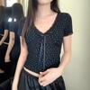 Chic Black Floral Lace Short Sleeve Bow Top for Women