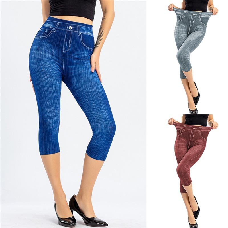 Fashion Summer Women Elastic Denim Leggings Cropped Trousers Slim Fit Hip Print Pants