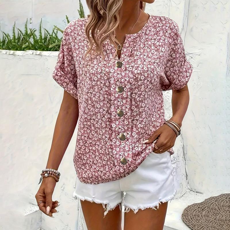 Summer Printed Women's T-shirt Elegant Floral Buttons Short Sleeve Loose Casual T-shirts Women Fashion Vintage Office Ladies Pullover Tee Tops New