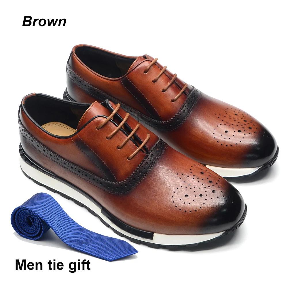 

10 Colors Handmade Genuine Leather Oxford Sneaker Shoes for Men Lace Up Brogues Business Office Fashion Brand Casual Shoes Man 40 коричневий