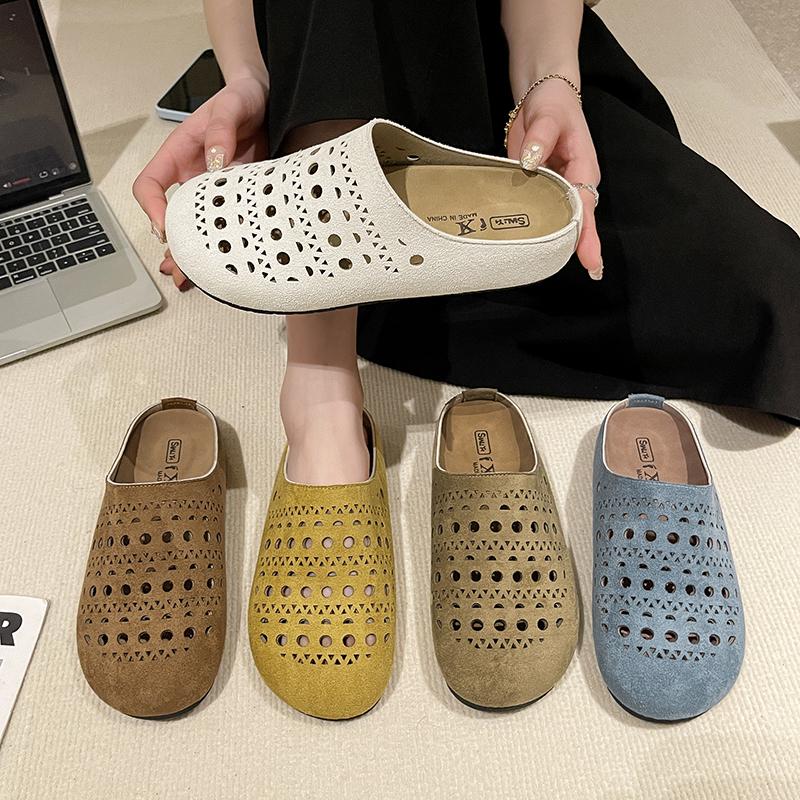 Baotou Hollow Out Fretwork Suede Leather Solid Concise Half Slippers Women Round Toe Pull on Muller Beach Shoes Females