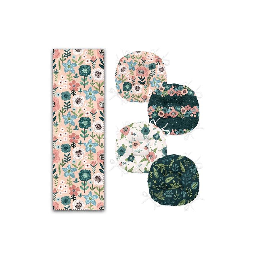 5-teiliges Stuhlkissen-Set / digital bedruckt, 4 Stück runde Stuhlkissen und 1 Stück Läufer