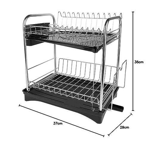 Leimish Two-Tier Dish Drainer, Stainless Steel, Rust-Proof, Automatic Drainage, Dish Drainer, Dish Holder, Chopstick Holder, Large Capacity, Kitchen S