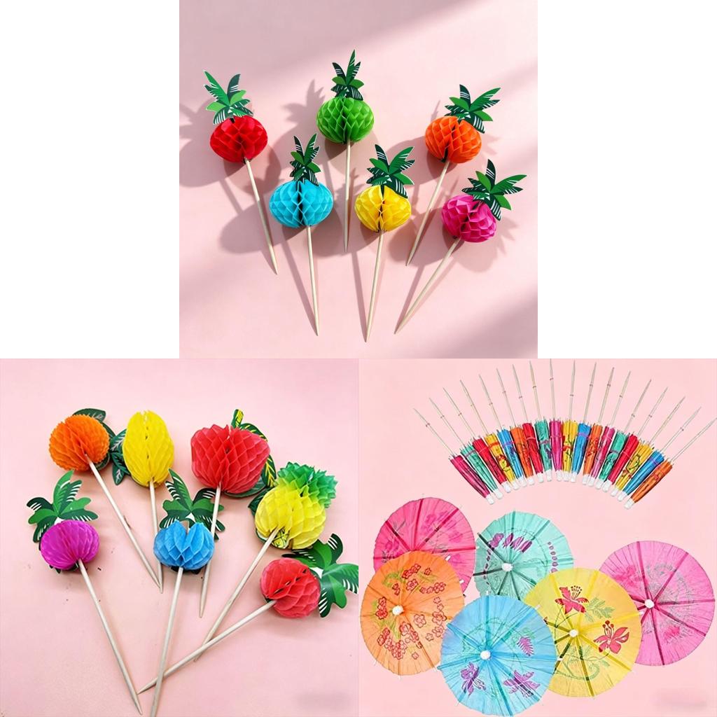 Hawaiian Tissue Paper Umbrella Fruit Stick Swizzles For Party Table Centerpieces