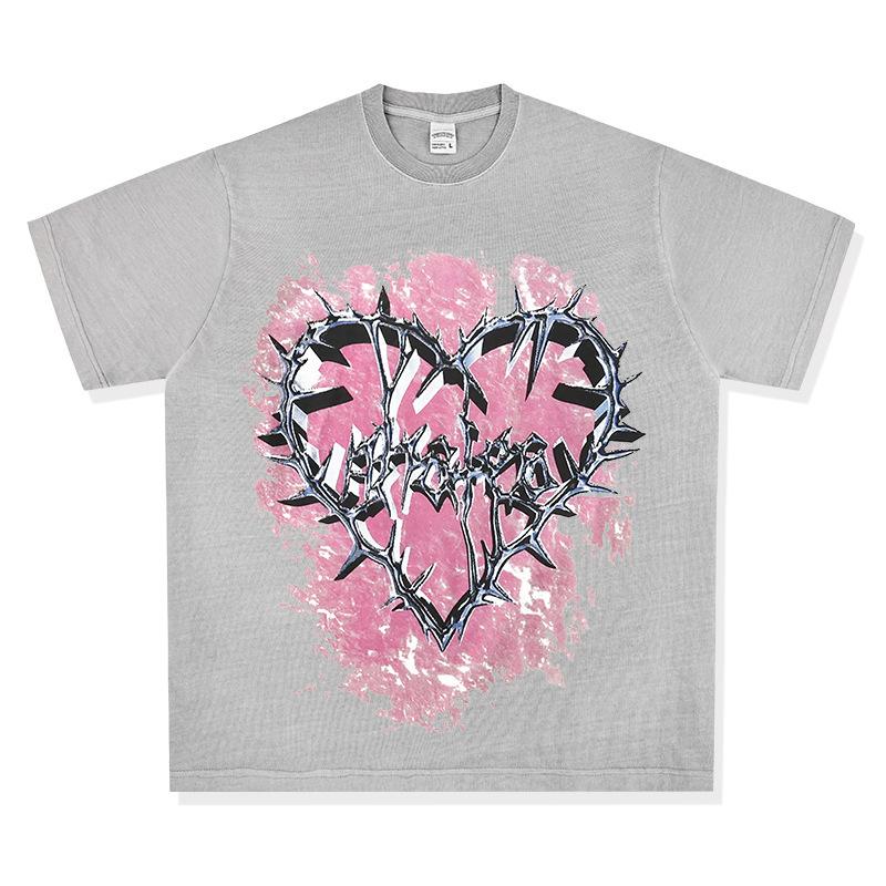 Washed Retro High Street Thorns Small Heavy Vintage Printed Short-Sleeved T-Shirt Retro Neckline Love Bottoming Shirt Cotton