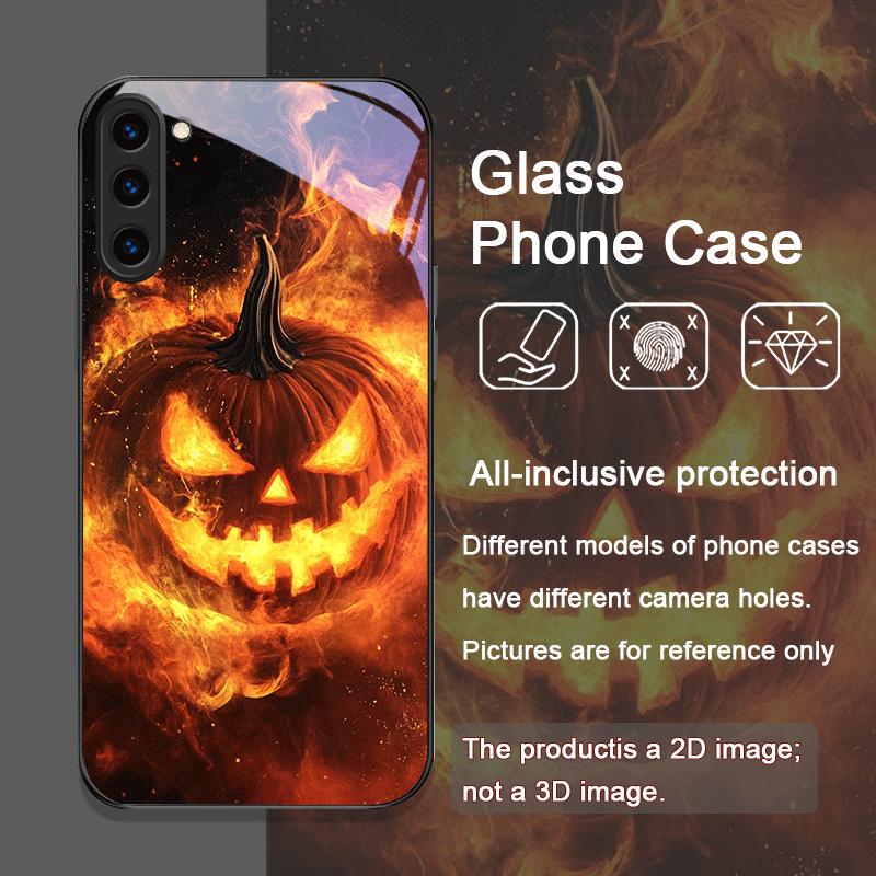 Lustiges Halloween Böser Kürbis Muster Gehärtetes Glas Handyhülle für Samsung Galaxy S25 Ultra S24 S23 Plus S22 S21 S20 FE 5G Abdeckung
